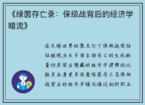 《绿茵存亡录：保级战背后的经济学暗流》
